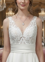 50% off Sample sale: A-line - Satin Wedding Dress with Pleated Waist Line and Sheer Lacy Tank Top Bodice - OU-A3003-50