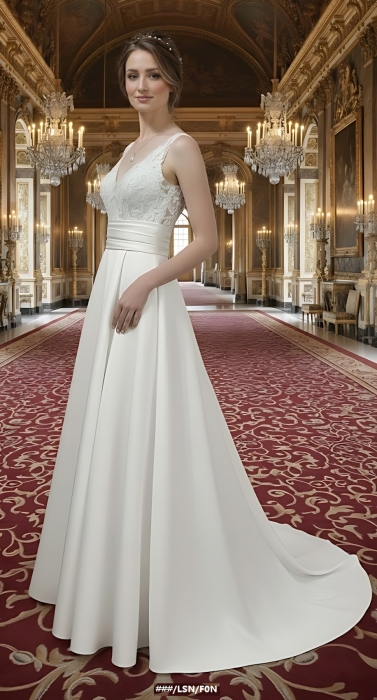 50% off Sample sale: A-line - Satin Wedding Dress with Pleated Waist Line and Sheer Lacy Tank Top Bodice - OU-A3003-50