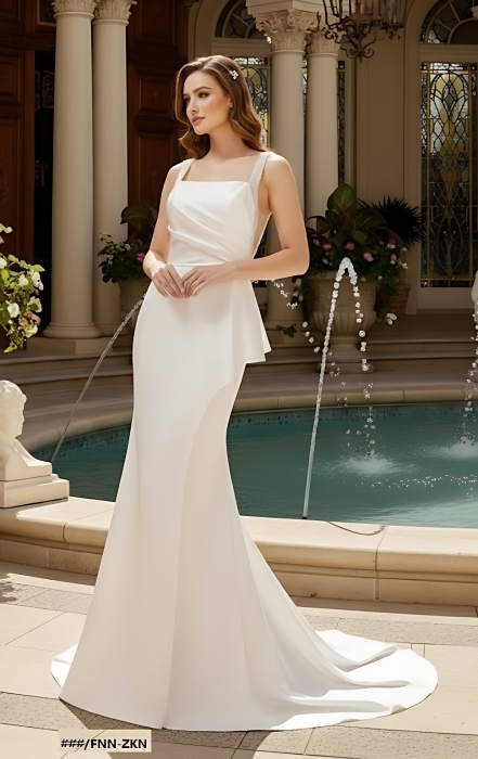 Fitted N Flare Satin Square Neckline Ruffle Slit Skirt Wedding Dress - MO-S2002