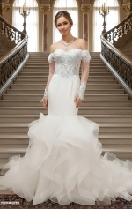Mermaid Tulle Off-Shoulder Ruffle Skirt with Detachable Finger Ring Sheer Long Sleeves Wedding Dress - MO-M4005