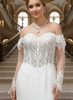 Mermaid Tulle Off-Shoulder Ruffle Skirt with Detachable Finger Ring Sheer Long Sleeves Wedding Dress - MO-M4005
