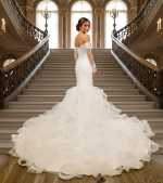 Mermaid Tulle Off-Shoulder Ruffle Skirt with Detachable Finger Ring Sheer Long Sleeves Wedding Dress - MO-M4005