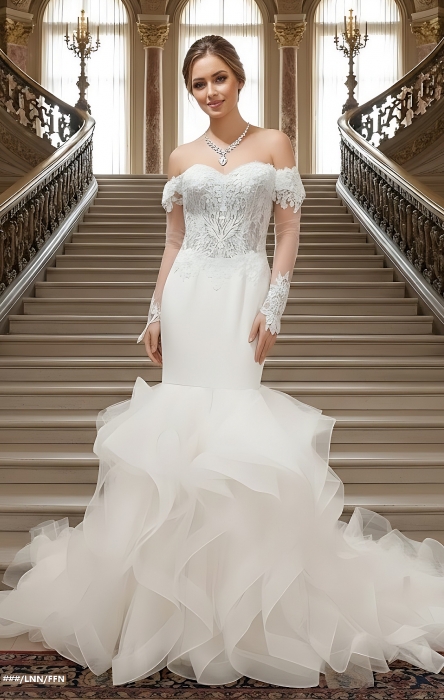 Mermaid Tulle Off-Shoulder Ruffle Skirt with Detachable Finger Ring Sheer Long Sleeves Wedding Dress - MO-M4005
