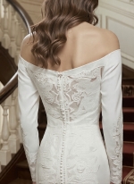 Crepe Long-Sleeve Fitted and Flair Wedding Dress  with Sheer Lacy Train - LV-S6003