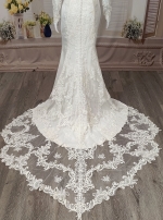 Crepe Long-Sleeve Fitted and Flair Wedding Dress  with Sheer Lacy Train - LV-S6003