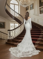 Crepe Long-Sleeve Fitted and Flair Wedding Dress  with Sheer Lacy Train - LV-S6003