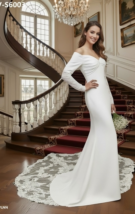 Crepe Long-Sleeve Fitted and Flair Wedding Dress  with Sheer Lacy Train - LV-S6003