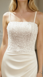 Wedding Dress - Crepe Fitted and Flare with Beaded and Sequin Floral Lace Bodice and Spaghetti Straps- LV-S2004