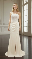 Wedding Dress - Crepe Fitted and Flare with Beaded and Sequin Floral Lace Bodice and Spaghetti Straps- LV-S2004