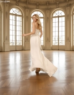 Wedding Dress - Crepe Fitted and Flare with Beaded and Sequin Floral Lace Bodice and Spaghetti Straps- LV-S2004