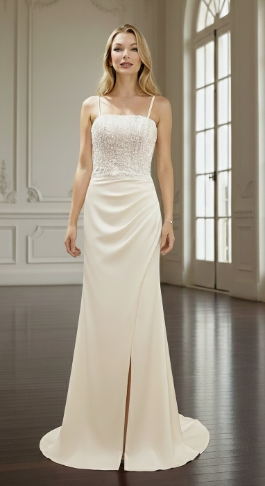 Wedding Dress - Crepe Fitted and Flare with Beaded and Sequin Floral Lace Bodice and Spaghetti Straps- LV-S2004