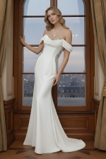 Wedding Dress - Satin Rhinnestone Floral Laces Fitted & Flair with Detachable Overskirt - LV-S1002