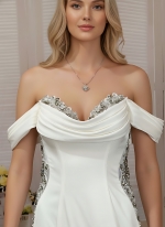 Wedding Dress - Satin Rhinnestone Floral Laces Fitted & Flair with Detachable Overskirt - LV-S1002