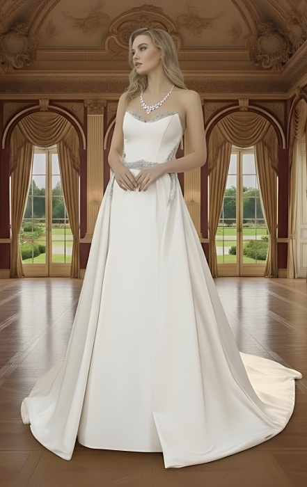Wedding Dress - Satin Rhinnestone Floral Laces Fitted & Flair with Detachable Overskirt - LV-S1002