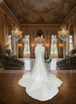 Fitted and Flair - Satin Wedding Dress with Detachable Bow and Overlay - LV-M1002