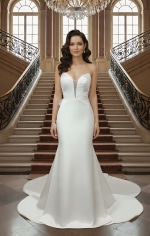 Fitted and Flair - Satin Wedding Dress with Detachable Bow and Overlay - LV-M1002