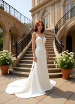 Fitted and Flair - Satin Wedding Dress with Detachable Bow and Overlay - LV-M1002