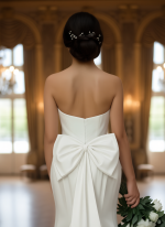 Fitted and Flair - Satin Wedding Dress with Detachable Bow and Overlay - LV-M1002