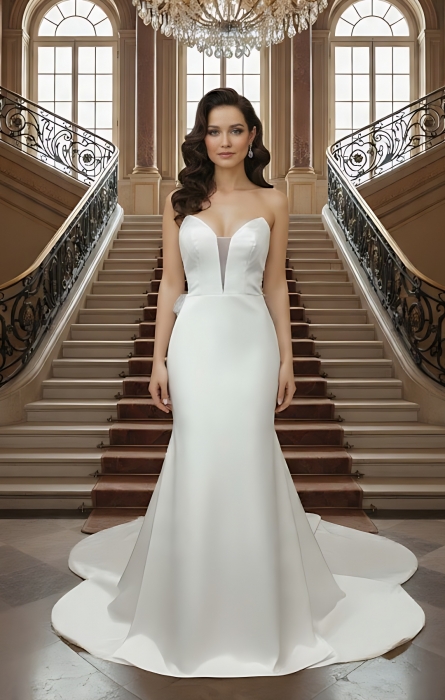 Fitted and Flair - Satin Wedding Dress with Detachable Bow and Overlay - LV-M1002
