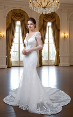 Fitted and Flair - Tulle Lace with Sheer Leg-of-Mutton Long-Sleeve Wedding Dress - LV-M6002-1A