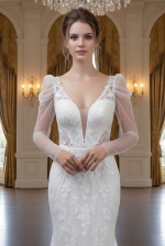 Fitted and Flair - Tulle Lace with Sheer Leg-of-Mutton Long-Sleeve Wedding Dress - LV-M6002-1A