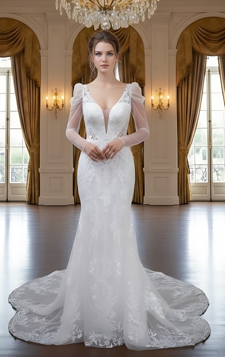 Fitted and Flair - Tulle Lace with Sheer Leg-of-Mutton Long-Sleeve Wedding Dress - LV-M6002-1A