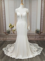 Fitted N Flare Crepe Wedding Dress with Lacy Cut-Out Train - LV-M6005