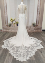 Fitted N Flare Crepe Wedding Dress with Lacy Cut-Out Train - LV-M6005