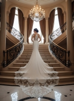 Fitted N Flare Crepe Wedding Dress with Lacy Cut-Out Train - LV-M6005