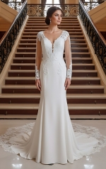 Fitted N Flare Crepe Wedding Dress with Lacy Cut-Out Train - LV-M6005