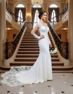 Fitted N Flare Crepe Wedding Dress with Lacy Cut-Out Train - LV-M6005