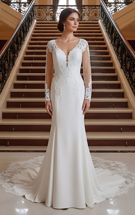 Fitted N Flare Crepe Wedding Dress with Lacy Cut-Out Train - LV-M6005