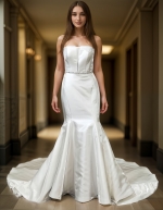 Glossy Satin Sleeveless Plunge V Mermaid Wedding Dress with Detachable Balloon Sleeves - LV-M1003