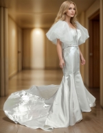 Glossy Satin Sleeveless Plunge V Mermaid Wedding Dress with Detachable Balloon Sleeves - LV-M1003