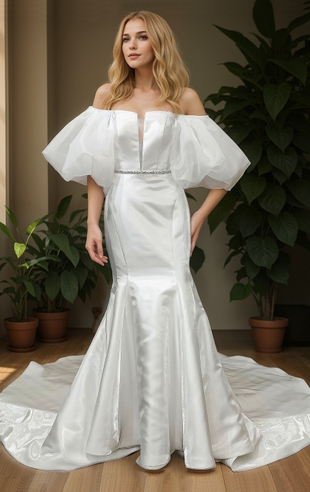 Glossy Satin Sleeveless Plunge V Mermaid Wedding Dress with Detachable Balloon Sleeves - LV-M1003