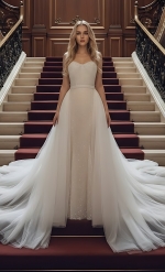 Mermaid - Heavy Beaded and Sequined Wedding Dress with Detachable Tulle Overskirt - LV-M3002OS