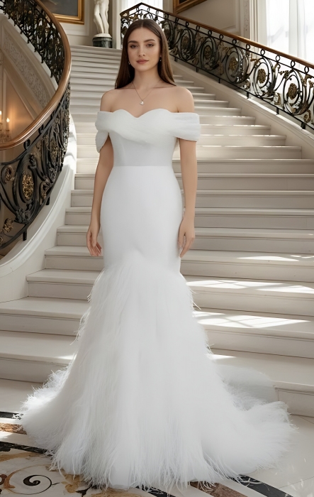 Wedding Dress - Beaded and Sequined Tulle Mermaid with Feather Skirt-  LV-M5002F
