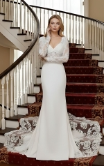 Crepe Beaded Floral Long Sleeves Fitted and Flare Wedding Dress with Sheer Lacy Train - LV-F6007