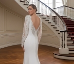 Crepe Beaded Floral Long Sleeves Fitted and Flare Wedding Dress with Sheer Lacy Train - LV-F6007