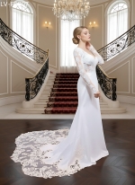 Crepe Beaded Floral Long Sleeves Fitted and Flare Wedding Dress with Sheer Lacy Train - LV-F6007