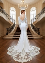 Crepe Beaded Floral Long Sleeves Fitted and Flare Wedding Dress with Sheer Lacy Train - LV-F6007
