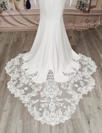 Crepe Beaded Floral Long Sleeves Fitted and Flare Wedding Dress with Sheer Lacy Train - LV-F6007