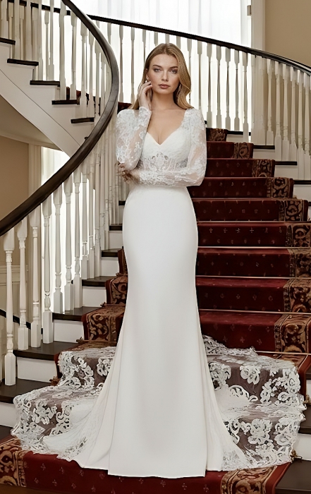Crepe Beaded Floral Long Sleeves Fitted and Flare Wedding Dress with Sheer Lacy Train - LV-F6007