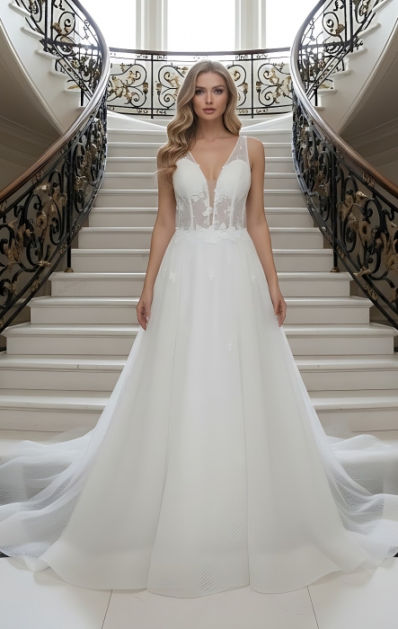 Fitted and Flare Glitter Embroidery Tulle with Overskirt Wedding Dress - LV-F5001OS