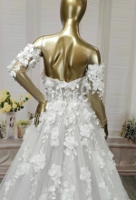 A-Line  3-D Flower Lace Wedding Dress with Bustier Bodice- LV-A1004DS