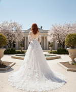 A-Line  3-D Flower Lace Wedding Dress with Bustier Bodice- LV-A1004DS