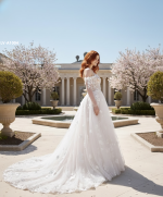 A-Line  3-D Flower Lace Wedding Dress with Bustier Bodice- LV-A1004DS