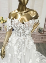 A-Line  3-D Flower Lace Wedding Dress with Bustier Bodice- LV-A1004DS