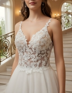 A-Line Chic Glitter Tulle  V-Neck Spaghetti Straps Wedding Dress - LV-A2003