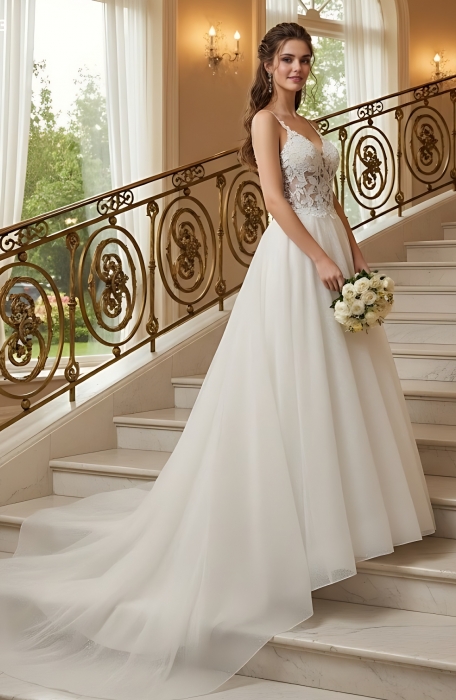 A-Line Chic Glitter Tulle  V-Neck Spaghetti Straps Wedding Dress - LV-A2003